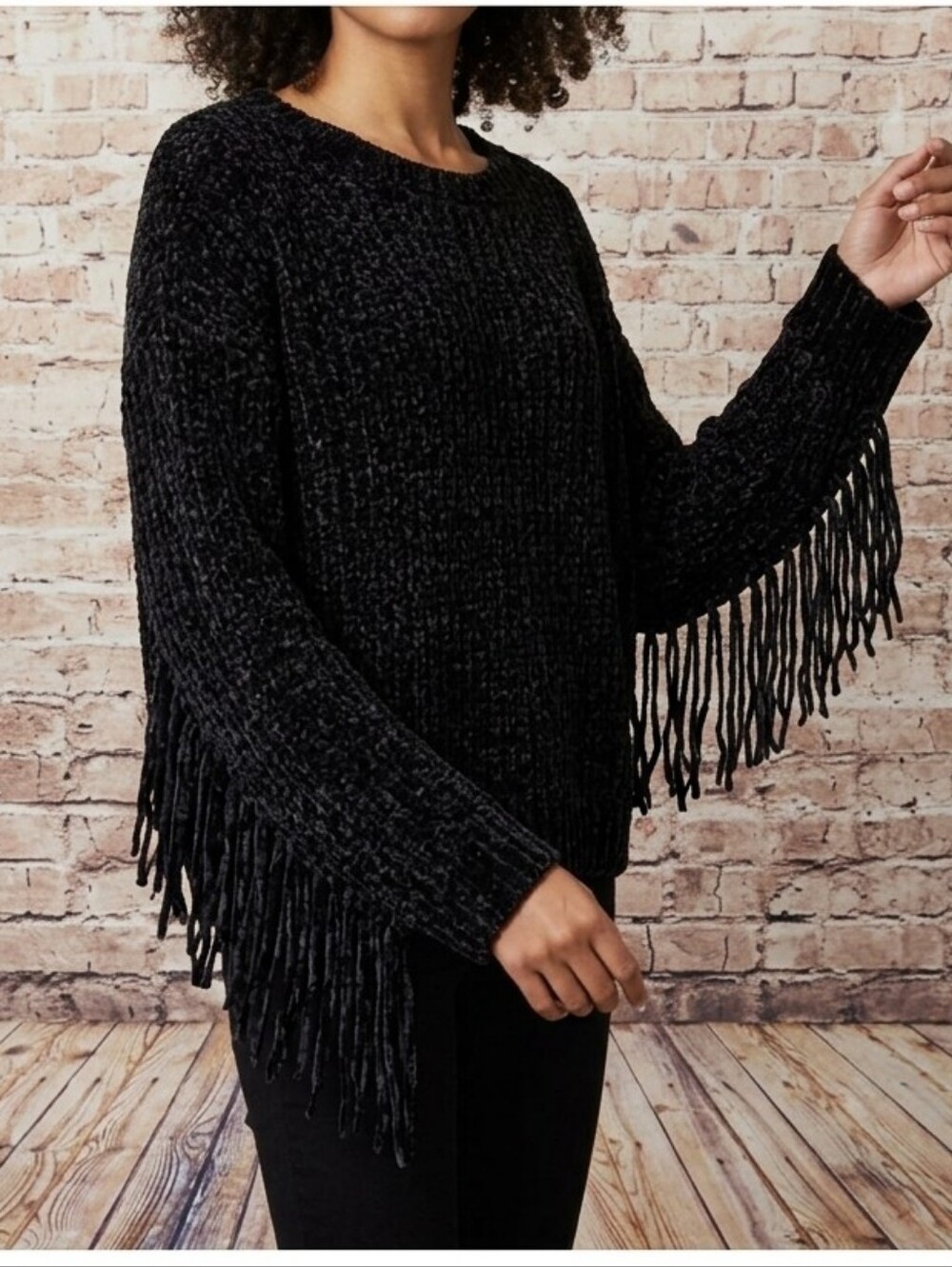 BiBi Sweater Black Knit with Fringe Under Sleeves Size Small NWT